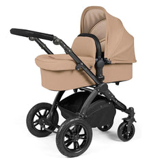 Ickle Bubba Stomp LUXE Travel System with Stratus Car Seat & ISOFIX Base (Black/Desert/Black) - showing the carrycot and chassis together as the pram