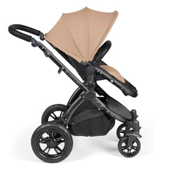 Ickle Bubba Stomp LUXE Travel System with Stratus Car Seat & ISOFIX Base (Black/Desert/Black) - side view, showing the forward-facing pushchair