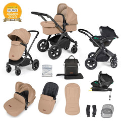 Ickle Bubba Stomp LUXE Travel System with Stratus Car Seat & ISOFIX Base (Black/Desert/Black) - showing the items included in this bundle