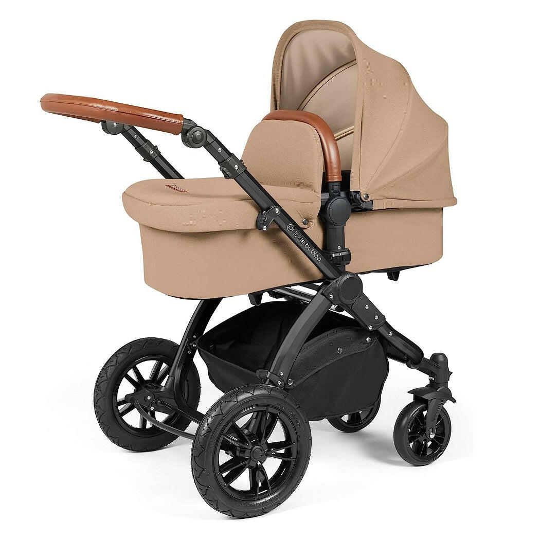 Ickle Bubba Stomp LUXE Travel System with Cirrus Car Seat & ISOFIX Base - Black/Desert/Tan - showing the carrycot and chassis together as the pram