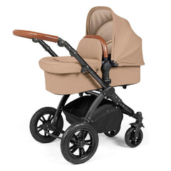 Ickle Bubba Stomp LUXE Travel System with Stratus Car Seat & ISOFIX Base (Black/Desert/Tan) - showing the carrycot and chassis together as the pram