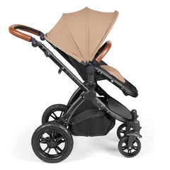 Ickle Bubba Stomp LUXE Travel System with Stratus Car Seat & ISOFIX Base (Black/Desert/Tan) - side view, showing the forward-facing pushchair