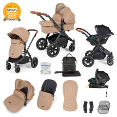 Ickle Bubba Stomp LUXE Travel System with Stratus Car Seat & ISOFIX Base (Black/Desert/Tan) - showing the items included in this bundle