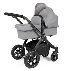 Ickle Bubba Stomp LUXE Travel System - Black/Pearl Grey/Black - showing the carrycot and chassis together as the pram