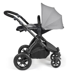 Ickle Bubba Stomp LUXE Travel System - Black/Pearl Grey/Black - showing the seat unit and chassis together as the pushchair in parent-facing mode with the seat reclined