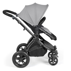Ickle Bubba Stomp LUXE Travel System with Stratus Car Seat & ISOFIX Base (Black/Pearl Grey/Black) - side view, showing the forward-facing pushchair