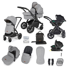 Ickle Bubba Stomp LUXE Travel System with Stratus Car Seat & ISOFIX Base (Black/Pearl Grey/Black) - showing the items included in this bundle