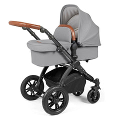 Ickle Bubba Stomp LUXE Travel System - Black/Pearl Grey/Tan - showing the carrycot and chassis together as the pram