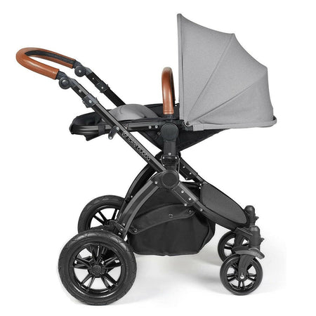Ickle Bubba Stomp LUXE Travel System - Black/Pearl Grey/Tan - showing the seat unit and chassis together as the pushchair in parent-facing mode with the seat reclined