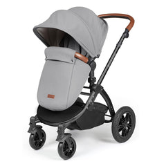 Ickle Bubba Stomp LUXE Travel System with Stratus Car Seat & ISOFIX Base (Black/Pearl Grey/Tan) - showing the pushchair in forward-facing mode with the included matching footmuff