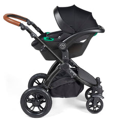 Ickle Bubba Stomp LUXE Travel System with Stratus Car Seat & ISOFIX Base (Black/Pearl Grey/Tan) - showing the included Ickle Bubba Stratus i-Size Car Seat fixed to the pushchair`s chassis using the included adaptors