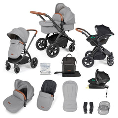 Ickle Bubba Stomp LUXE Travel System with Stratus Car Seat & ISOFIX Base (Black/Pearl Grey/Tan) - showing the items included in this bundle