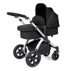 Ickle Bubba Stomp LUXE Travel System with Stratus Car Seat & ISOFIX Base (Silver/Midnight/Black) - showing the carrycot and chassis together as the pram