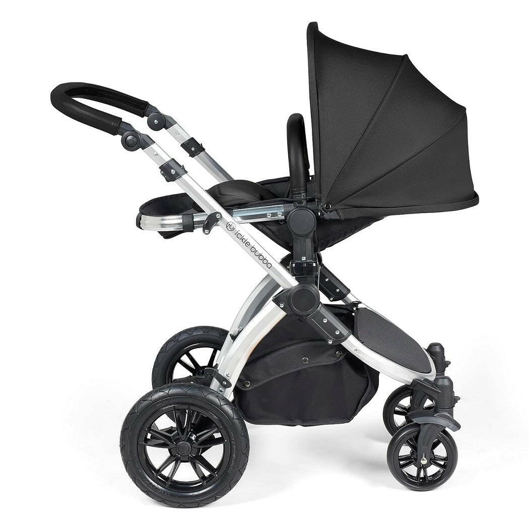 Ickle Bubba Stomp LUXE Travel System - Silver/Midnight/Black - showing the seat unit and chassis together as the pushchair in parent-facing mode with the seat reclined