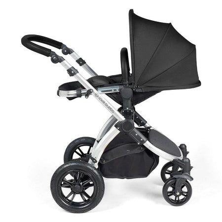 Ickle Bubba Stomp LUXE Travel System - Silver/Midnight/Black - showing the seat unit and chassis together as the pushchair in parent-facing mode with the seat reclined