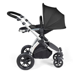 Ickle Bubba Stomp LUXE Travel System - Silver/Midnight/Black - showing the seat unit and chassis together as the pushchair in parent-facing mode with the seat reclined
