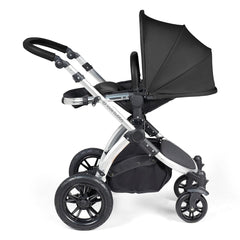 Ickle Bubba Stomp LUXE Travel System with Stratus Car Seat & ISOFIX Base (Silver/Midnight/Black) - showing the seat unit and chassis together as the pushchair in parent-facing mode with the seat reclined
