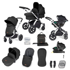 Ickle Bubba Stomp LUXE Travel System with Stratus Car Seat & ISOFIX Base (Silver/Midnight/Black) - showing the items included in this bundle
