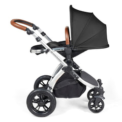 Ickle Bubba Stomp LUXE Travel System - Silver/Midnight/Tan - showing the seat unit and chassis together as the pushchair in parent-facing mode with the seat reclined