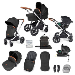 Ickle Bubba Stomp LUXE Travel System with Stratus Car Seat & ISOFIX Base (Silver/Midnight/Tan) - showing the items included in this bundle