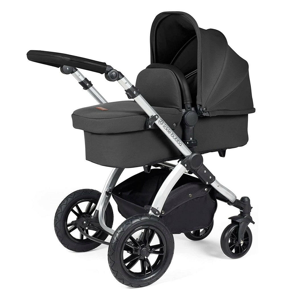 Ickle Bubba Stomp LUXE Travel System with Cirrus Car Seat & ISOFIX Base - Silver/Charcoal/Black - showing the carrycot and chassis together as the pram