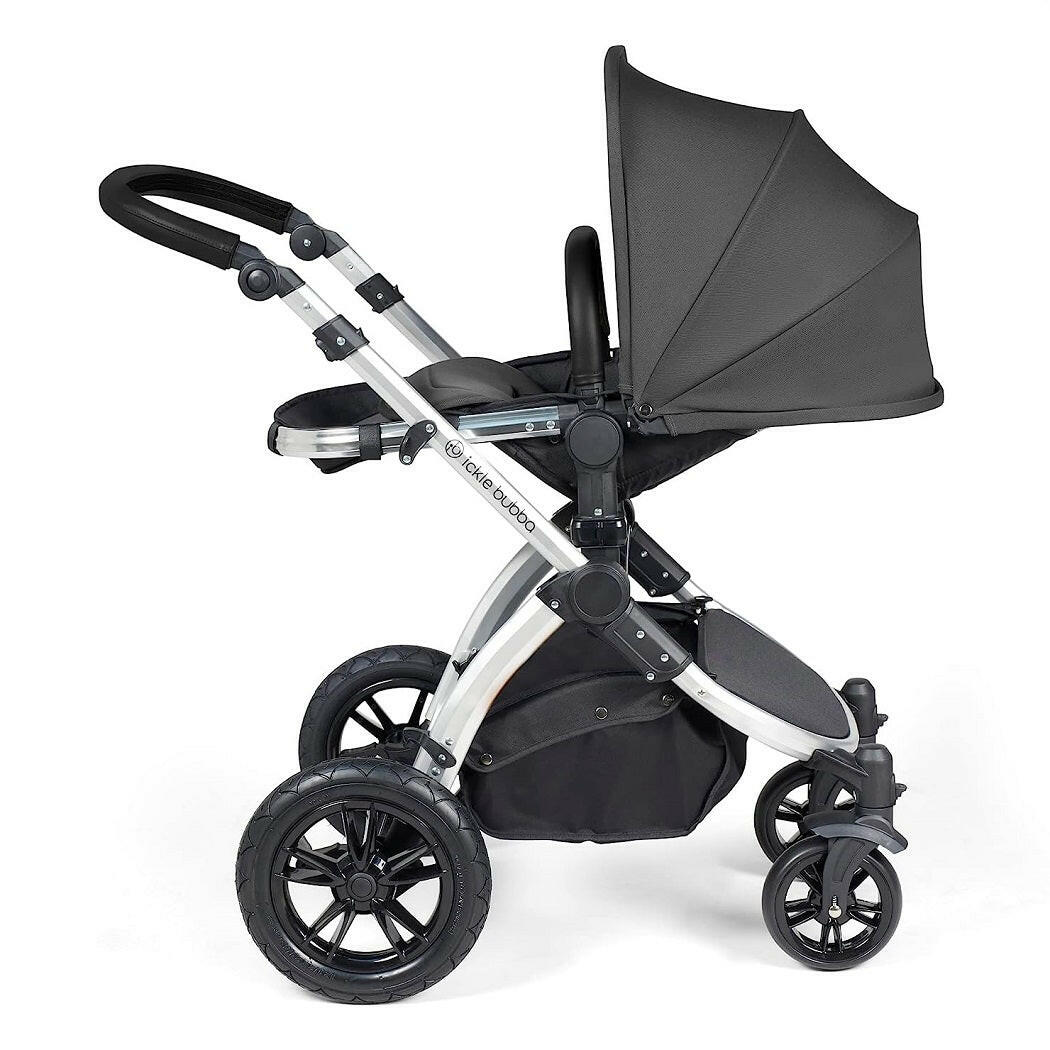 Ickle Bubba Stomp LUXE Travel System with Cirrus Car Seat & ISOFIX Base - Silver/Charcoal/Black - showing the seat unit and chassis together as the pushchair in parent-facing mode with the seat reclined