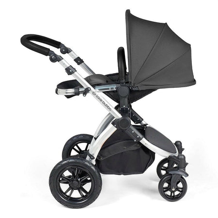Ickle Bubba Stomp LUXE Travel System with Cirrus Car Seat & ISOFIX Base - Silver/Charcoal/Black - showing the seat unit and chassis together as the pushchair in parent-facing mode with the seat reclined