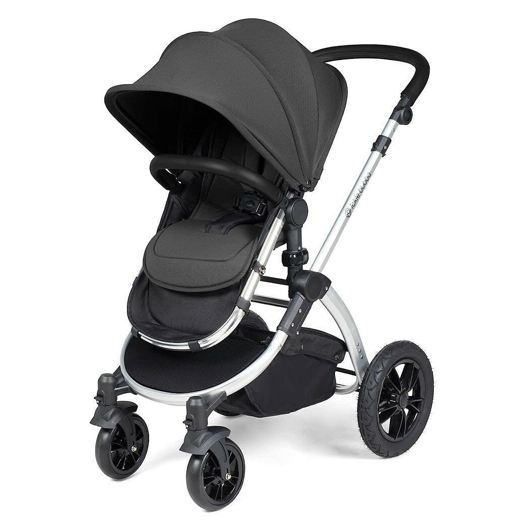 Ickle Bubba Stomp LUXE Travel System with Cirrus Car Seat & ISOFIX Base - Silver/Charcoal/Black - showing the pushchair in forward-facing mode