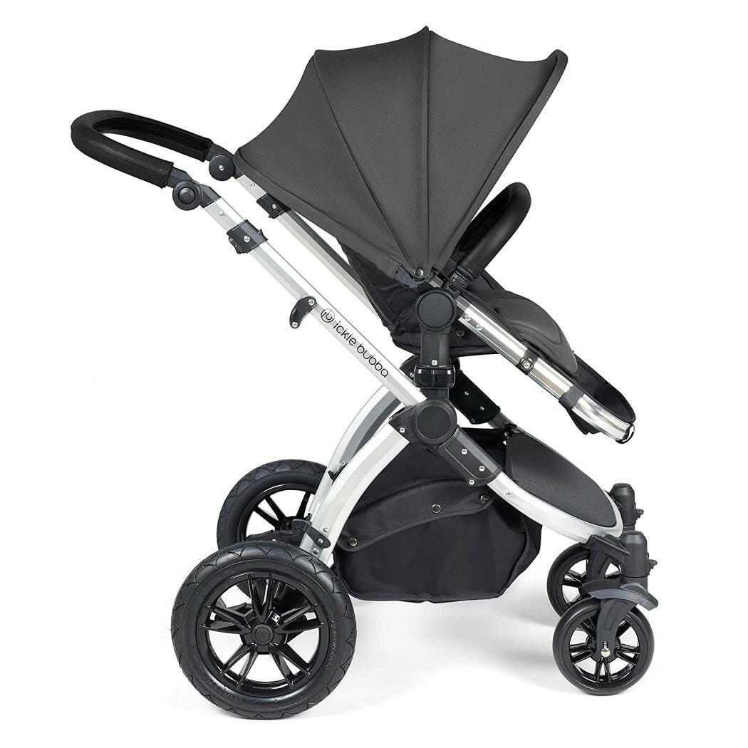Ickle Bubba Stomp LUXE Travel System with Cirrus Car Seat & ISOFIX Base - Silver/Charcoal/Black - side view, showing the forward-facing pushchair