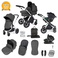 Ickle Bubba Stomp LUXE Travel System with Stratus Car Seat & ISOFIX Base (Silver/Charcoal/Black) -  showing the items included in this bundle