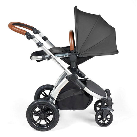 Ickle Bubba Stomp LUXE Travel System with Cirrus Car Seat & ISOFIX Base - Silver/Charcoal/Tan - showing the seat unit and chassis together as the pushchair in parent-facing mode with the seat reclined