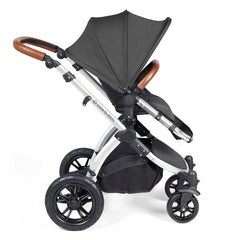 Ickle Bubba Stomp LUXE Travel System with Stratus Car Seat & ISOFIX Base (Silver/Charcoal/Tan) - side view, showing the forward-facing pushchair