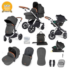 Ickle Bubba Stomp LUXE Travel System with Stratus Car Seat & ISOFIX Base (Silver/Charcoal/Tan) - showing the items included in this bundle