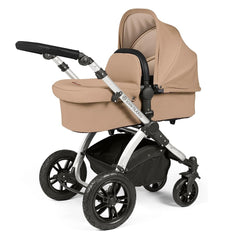 Ickle Bubba Stomp LUXE Travel System with Stratus Car Seat & ISOFIX Base (Silver/Desert/Black) - showing the carrycot and chassis together as the pram