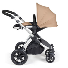 Ickle Bubba Stomp LUXE Travel System with Stratus Car Seat & ISOFIX Base (Silver/Desert/Black) - showing the seat unit and chassis together as the pushchair in parent-facing mode with the seat reclined