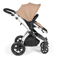 Ickle Bubba Stomp LUXE Travel System with Cirrus Car Seat & ISOFIX Base - Silver/Desert/Black - side view, showing the forward-facing pushchair