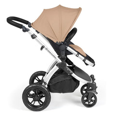 Ickle Bubba Stomp LUXE Travel System with Stratus Car Seat & ISOFIX Base (Silver/Desert/Black) - side view, showing the forward-facing pushchair