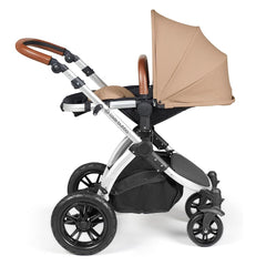 Ickle Bubba Stomp LUXE Travel System - Silver/Desert/Tan - showing the seat unit and chassis together as the pushchair in parent-facing mode with the seat reclined