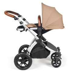 Ickle Bubba Stomp LUXE Travel System with Stratus Car Seat & ISOFIX Base (Silver/Desert/Tan) - showing the seat unit and chassis together as the pushchair in parent-facing mode with the seat reclined