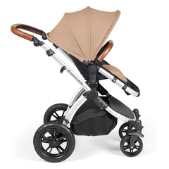 Ickle Bubba Stomp LUXE Travel System with Stratus Car Seat & ISOFIX Base (Silver/Desert/Tan) - side view, showing the forward-facing pushchair