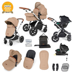 Ickle Bubba Stomp LUXE Travel System with Stratus Car Seat & ISOFIX Base (Silver/Desert/Tan) - showing the items included in this bundle