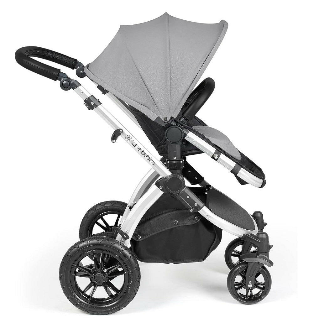 Ickle Bubba Stomp LUXE Travel System - Silver/Pearl Grey/Black - side view, showing the forward-facing pushchair