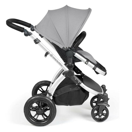 Ickle Bubba Stomp LUXE Travel System - Silver/Pearl Grey/Black - side view, showing the forward-facing pushchair