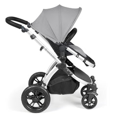 Ickle Bubba Stomp LUXE Travel System with Stratus Car Seat & ISOFIX Base (Silver/Pearl Grey/Black) - side view, showing the forward-facing pushchair