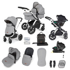 Ickle Bubba Stomp LUXE Travel System with Stratus Car Seat & ISOFIX Base (Silver/Pearl Grey/Black) - showing the items included in this bundle