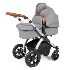 Ickle Bubba Stomp LUXE Travel System with Stratus Car Seat & ISOFIX Base (Silver/Pearl Grey/Tan) - showing the carrycot and chassis together as the pram