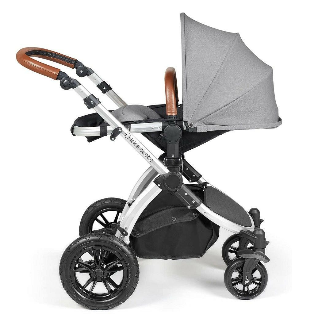 Ickle Bubba Stomp LUXE Travel System - Silver/Pearl Grey/Tan - pushchair in parent-facing mode with the seat reclined