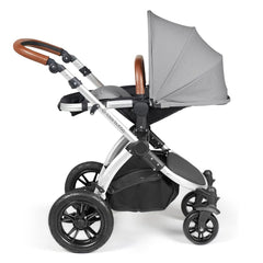 Ickle Bubba Stomp LUXE Travel System with Stratus Car Seat & ISOFIX Base (Silver/Pearl Grey/Tan) - showing the seat unit and chassis together as the pushchair in parent-facing mode with the seat reclined