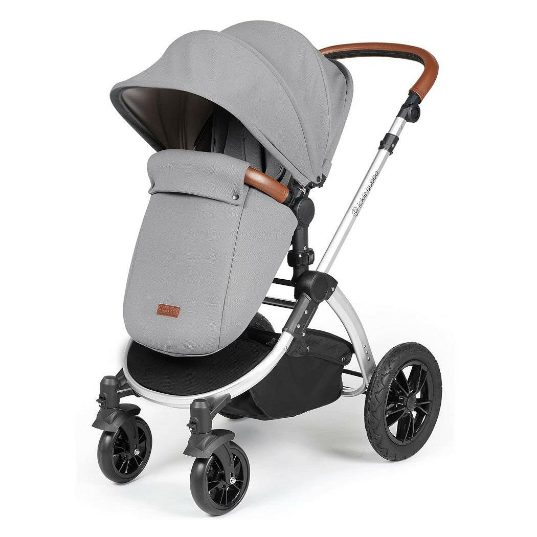 Ickle Bubba Stomp LUXE Travel System - Silver/Pearl Grey/Tan - pushchair in forward-facing mode with footmuff