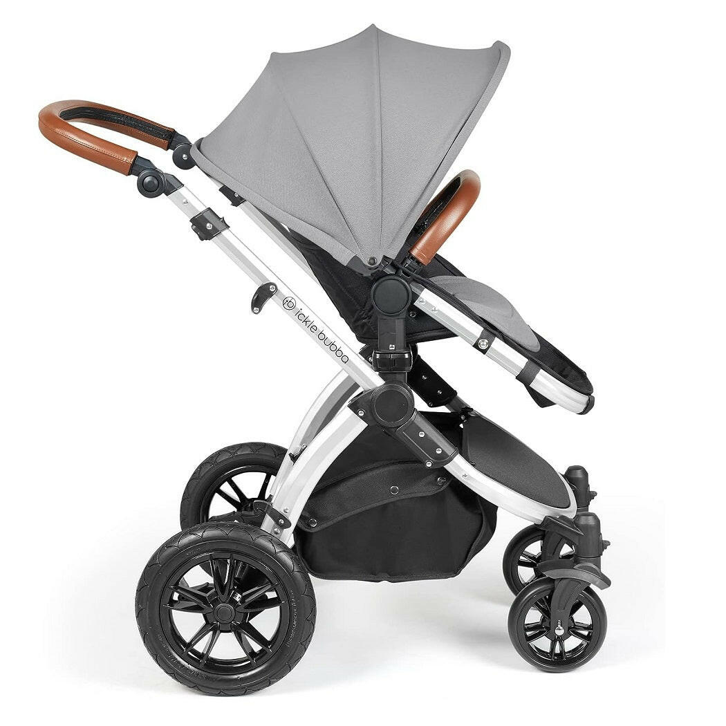 Ickle Bubba Stomp LUXE Travel System - Silver/Pearl Grey/Tan - side view, forward-facing pushchair
